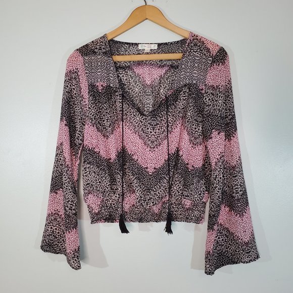 love, Fire Tops - love, Fire Black and Pink Crop Top Dotted Print Long Sleeve Sheer Crop T…